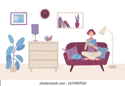 A woman is sitting on a sofa and reading a book. Girl is at home and preparing for the exam with open book in her hands. Reading hobby concept. Flat vector illustration. Living room interior design