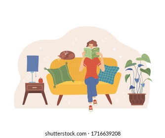 A Woman Is Sitting On A Sofa And Reading A Book. Girl Is Preparing For The Exam With Open Book In Her Hands. Reading Hobby Concept. Flat Vector Illustration. Room Interior Design