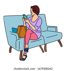 Woman sitting on a sofa with a smartphone. Communicates in social networks or buys online. Vector isolated illustration