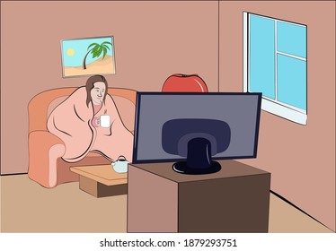 Woman sitting on sofa under blanket with cup of tea(coffee) and watching tv. The room has a window, a floor lamp and a table with a teapot. On the wall is a photo desert landscape with palm tree.