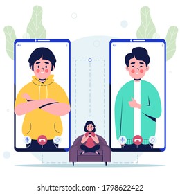 Woman sitting on sofa, using video call app on smartphone with friends. Flat design vector illustration