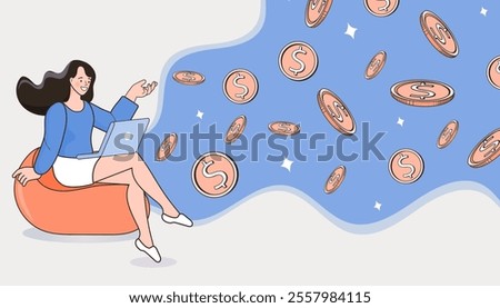 Woman sitting on sofa using laptop to work, earning main and additional income from online. money. Money was floating everywhere on back ground. success business technology .Vector and illustration.