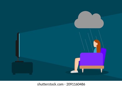 Woman sitting on the sofa watching tv, she is in depression, vector illustration about depression