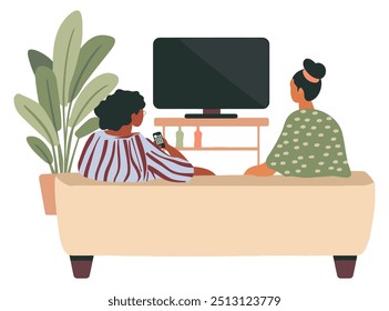 Mulher Sentada no Sofá Assistindo TV. Ilustração de vetor plano