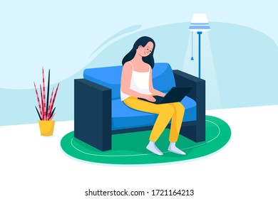 Woman sitting on the sofa and working on the laptop. Vector illustration.