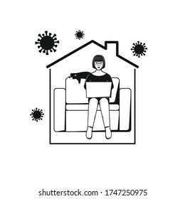 Woman sitting on sofa and working with computer in home. Stay at Home