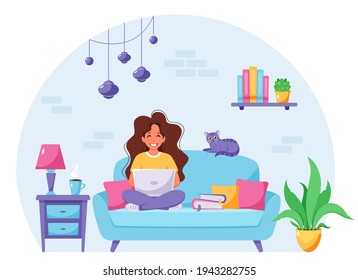 Woman sitting on a sofa and working on laptop. Freelancer, home office  concept. Vector illustration