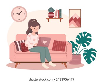 Woman sitting on sofa and working or studing online via laptop. Flat illustration