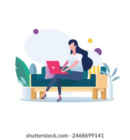 Woman sitting on sofa and working on her laptop. Concept illustration for working, studying, education, work from home.