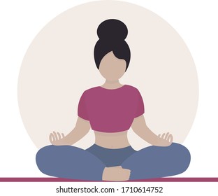 Woman sitting on sport mat  in lotus position and meditating. Female character adult  doing yoga asana . Illustration in flat style.