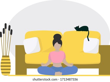 Woman  sitting on sport mat near the sofa in lotus position and meditating. Female character adult doing yoga asana  at home. Illustration in flat style.