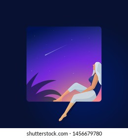 Woman sitting on square window and watching stars. Vector illustration.