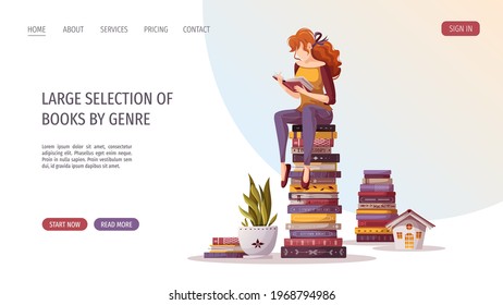 Woman sitting on the stack of books and reading. Bookstore, bookshop, library, book lover, bibliophile, education concept. Vector illustration for poster, banner, website, advertising.