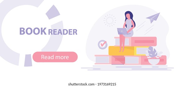 A woman is sitting on a stack of books and using her laptop. E-learning, webinar, online video training, distance learning concept. Vector