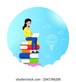 Woman sitting on stack of books and using computer. Online school, knowledge, education concept