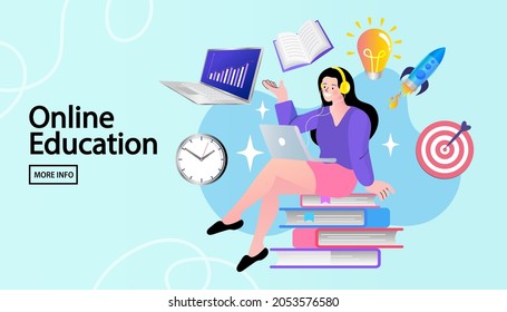 Woman sitting on stack of books and using computer. Student with laptop studying on online course. studying on internet. Student studying online. distance education. Vector illustration