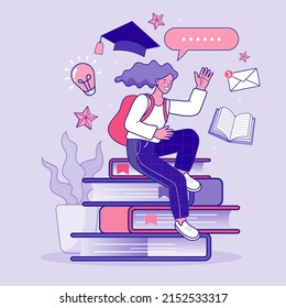 Woman sitting on stack of books and using computer. Student with laptop studying on online course. studying on internet. Student studying online. distance education. Vector outline illustration