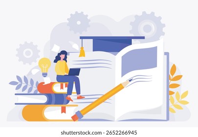 Woman sitting on stacked books with laptop next to open book, pencil, lightbulb, and graduation cap, flat graphic style on light background. Concept of online education. Vector illustration