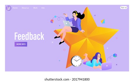 Woman sitting on star. Online review. Woman are giving a star rating, positive feedback. Vector illustration for web banner, infographics, mobile.
Customers evaluating a product.