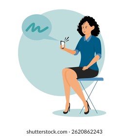 Woman sitting on a stool, interacting with her smart phone, conveying communication. 