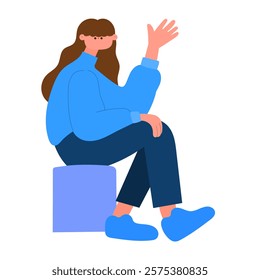 woman sitting on a stool and raising hand flat vector illustration