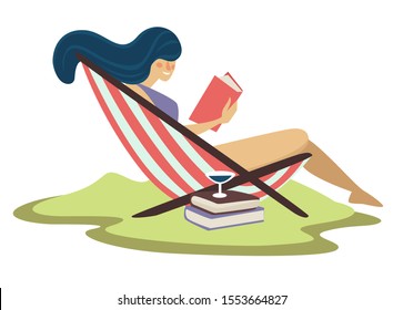Woman sitting on striped beach lounger and reading book, side view. Martini cocktail above stacks of books. Lounging outdoors, tanning, enjoy summer leisure activity. Isolated vector illustration.