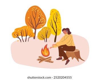 Mujer sentada en el tocón en el bosque y calentando las manos cerca de la hoguera. Ilustración de dibujos animados de Vector al aire libre aislado en blanco. Hombre viajero Ocio activo que acampa alrededor de la fogata ilustración de colores