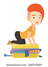 Woman sitting on suitcase and trying to close it. Frustrated woman having problems with packing a lot of clothes into a single suitcase. Vector flat design illustration isolated on white background.