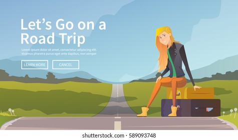 Woman sitting on suitcases near a road. Young girl traveler. Adventure travel. Summer vacation. Around the world. Cartoon style. Vector illustration. #2