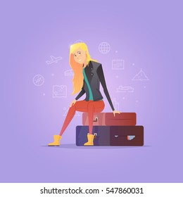 Woman sitting on suitcases. Young girl traveler. Adventure travel. Summer vacation. Around the world. Vector illustration.