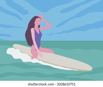 Woman sitting on surf board, Illustration.