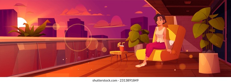 Frau sitzt auf der Terrasse im Sessel bei Sonnenuntergang. Offener Balkon Inneneinrichtung in der Hotelwohnung mit Charakter und Wolkenkratzer-Blick Cartoon Landschaftsgrafik. Modernes Metropolpanorama mit Innenhof-Szene