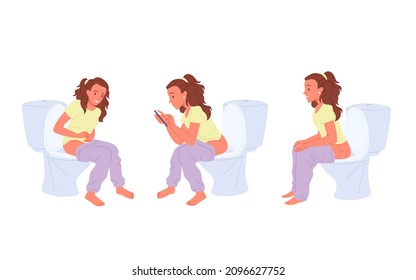 Woman sitting on toilet bowl set vector illustration. Cartoon funny person at home restroom, using mobile phone, constipated girl suffering from ache isolated on white. Hygiene, medicine concept