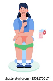 Woman sitting on the toilet and holding mobile phone. Female person in bathroom. Daily routine concept. Isolated flat vector illustration