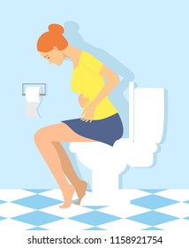 Woman is sitting on the toilet. urinary bladder problem or sickness concept. stomach-ache woman