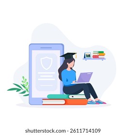 The woman is sitting on top of books and a laptop with a graduation cap