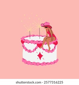 A woman sitting on top of a pink cake. Party time