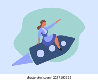 A woman sitting on top of a rocket. She is wearing a blue dress and is pointing forward. The rocket has a tail that is pointing upwards. Vector illustration in trendy minimalistic corporate style.