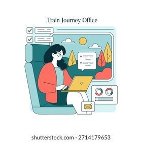 Frau, die mit einem Laptop im Zug sitzt, umgeben von digitalen Datenvisualisierungen. Diese Vektorgrafik zeigt Multitasking- und Remote-Arbeitsmöglichkeiten während der Fahrt.