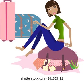 Woman sitting on travel case, two other bag on the background.