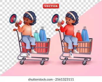 Woman sitting on trolley holding megaphone. 3d vector suitable for, promotion, advertising and design elements