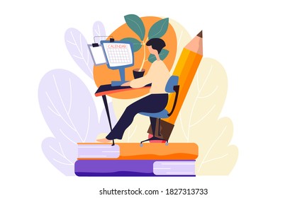 The woman sitting on two books work looking at the monitor with a calendar image. A flower in a pot stands on a desktop. A large pencil and yellow-purple leaves on the background. Working day