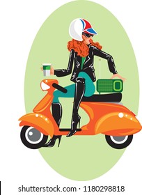 Woman sitting on vespa with a take away coffee. Creative conceptual vector.