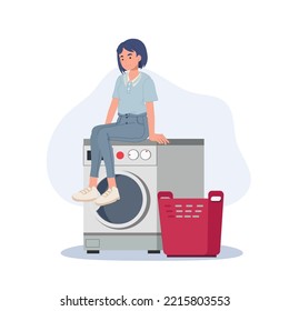 woman sitting on the washing machine while waiting at the end of the wash cycle. Vector illustration.