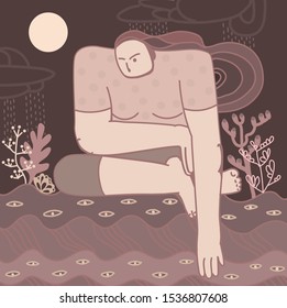 Woman sitting on the waves and talking with nature