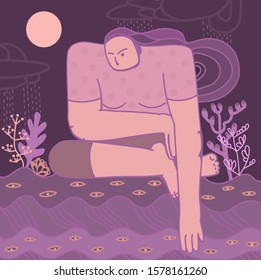 Woman sitting on the waves and talking with nature