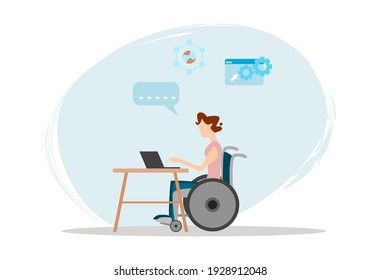 Woman sitting on a wheelchair doing programmers via internet. Disabled people with competence and occupational equality. Flat design vector illustration
