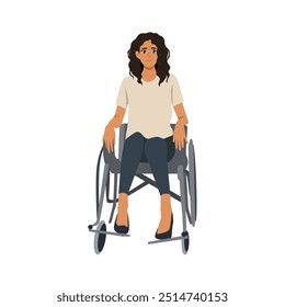 Woman sitting on a wheelchair. Flat vector Character illustration