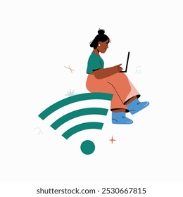 Woman sitting on WiFi symbol in flat vector illustration symbolizing internet connection, wireless communication, and remote work, isolated on white background.
