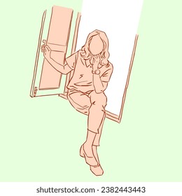 A woman sitting on the window 1 vector for card, decoration, illustration